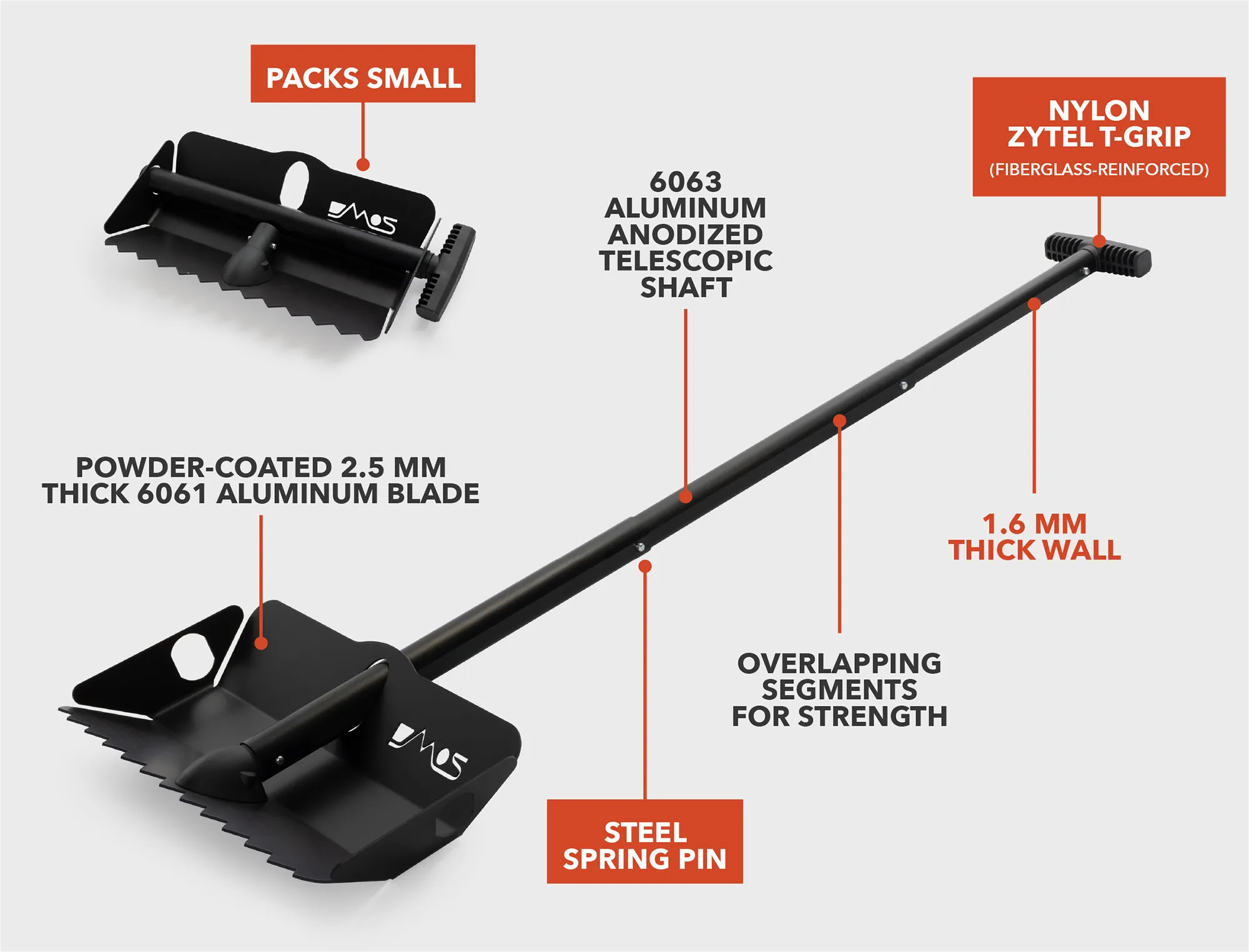 DMOS Stealth Shovel - compact folding aluminum overland recovery shovel for Jeep Wrangler