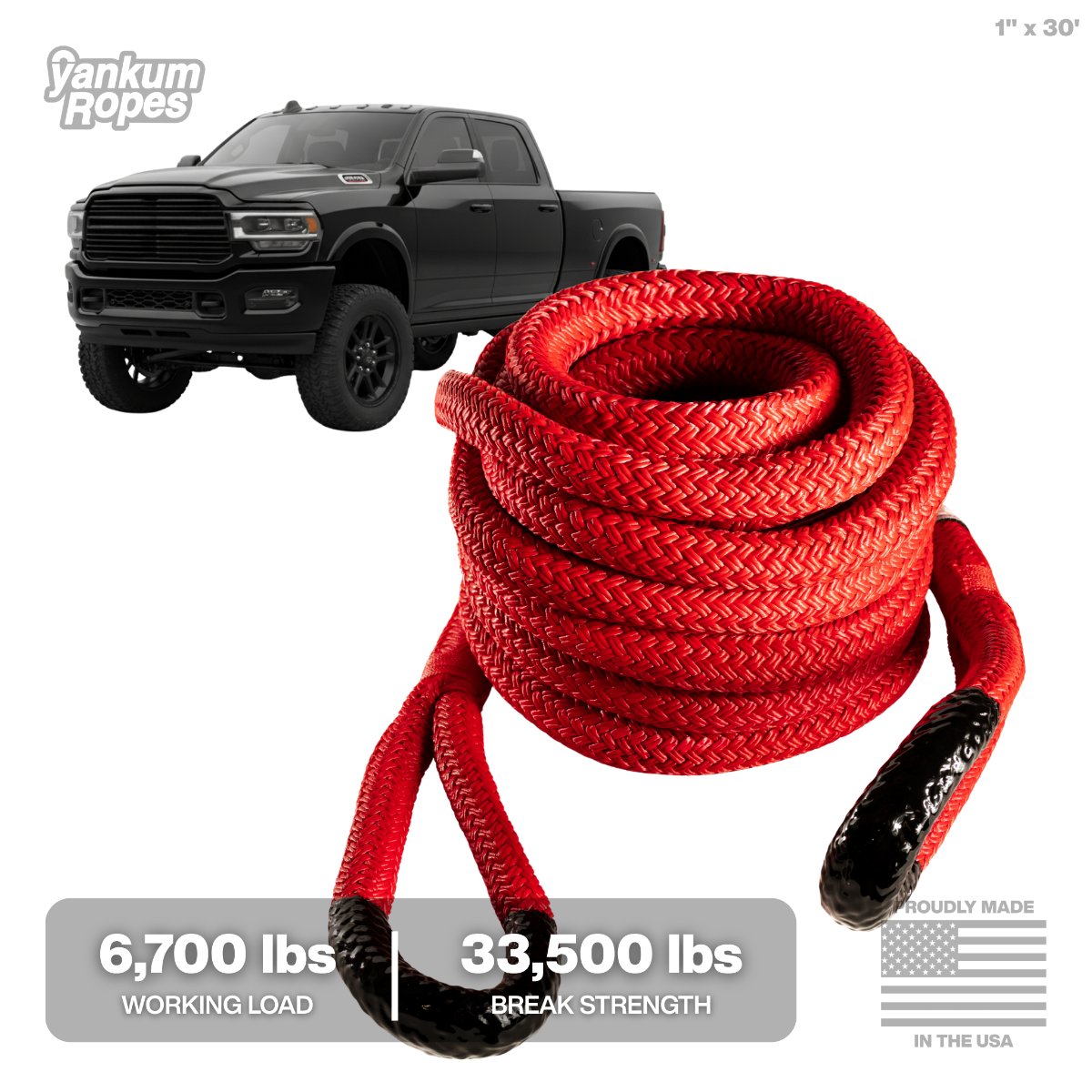 Yankum Rattler 1-inch kinetic recovery rope for Jeep Wrangler